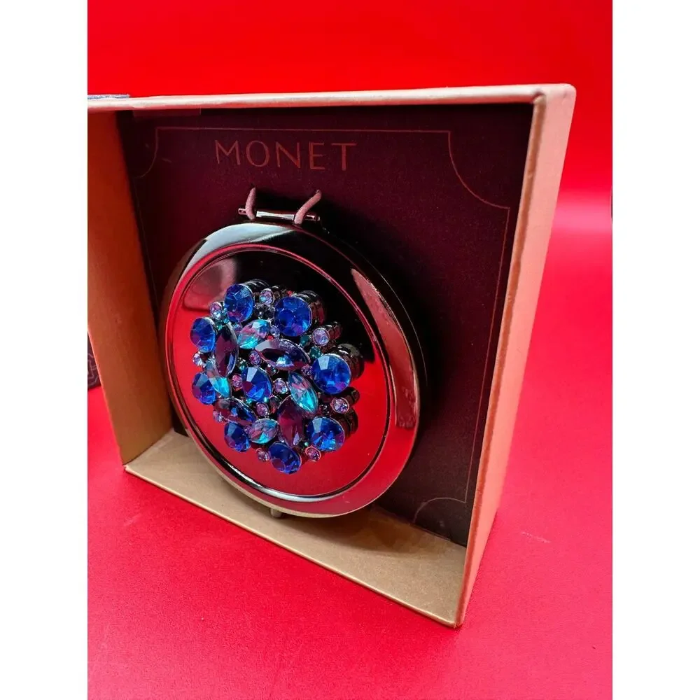 Monet Brilliant Cluster Blues Jewels Rhinestones Double Mirrors Compact Case NEW